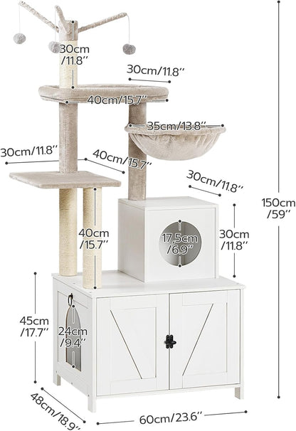 Signature Home Kattenkrabpaal met Kattenbakmeubel 60 x 48 x 151 cm – All-in-One Kattenmeubel met Klimboom, Kattenhuis en Afneembare Pluche Bal – Wit