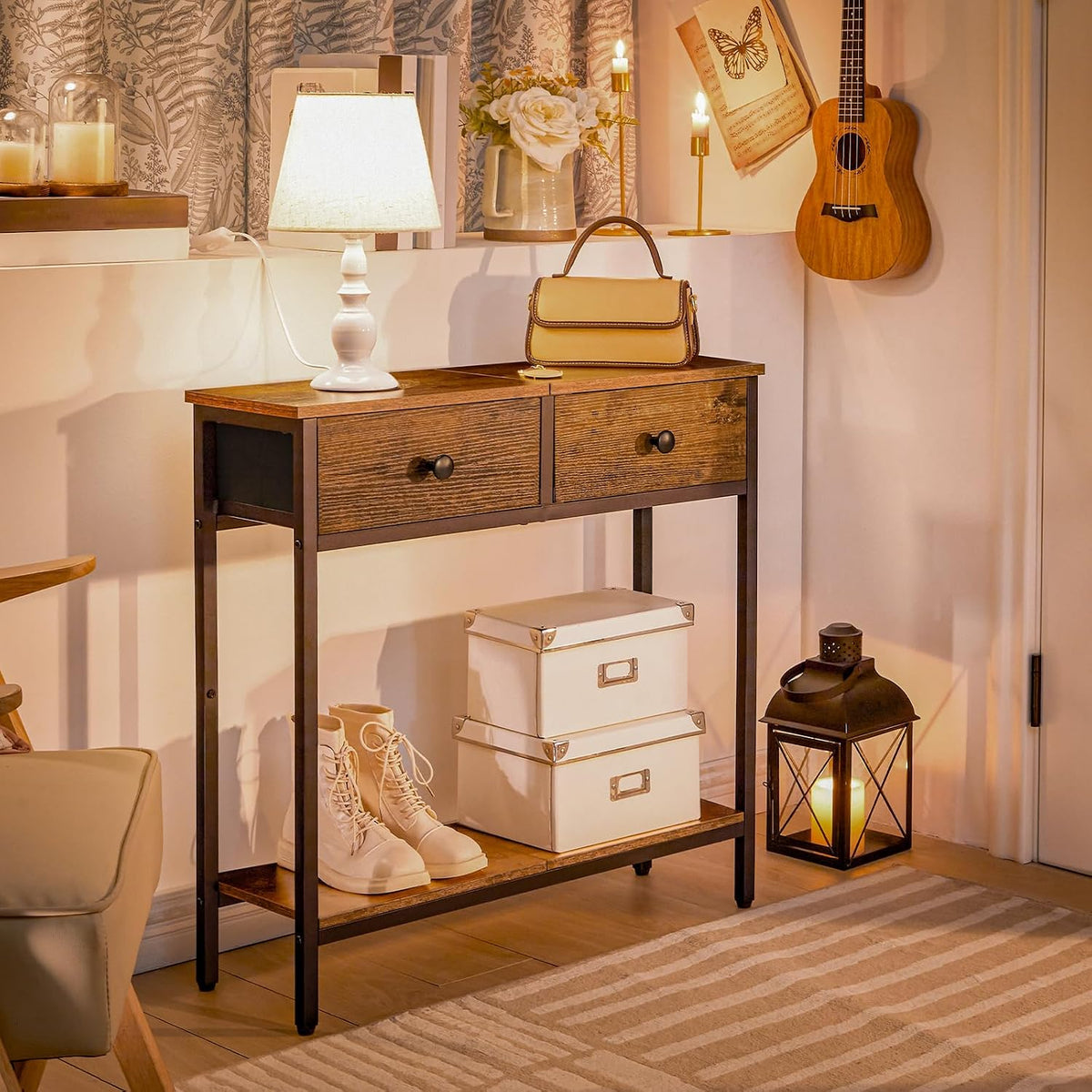 Signature Home Sidetable met 2 Stoffen Lades – Smalle Consoletafel 75 cm – Industriële Haltafel en Wandtafel – Opbergtafel voor Hal, Entree, Woonkamer en Slaapkamer – Vintage Bruin/Zwart