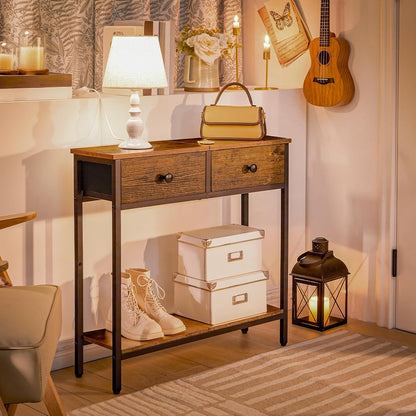 Signature Home Sidetable met 2 Stoffen Lades – Smalle Consoletafel 75 cm – Industriële Haltafel en Wandtafel – Opbergtafel voor Hal, Entree, Woonkamer en Slaapkamer – Vintage Bruin/Zwart