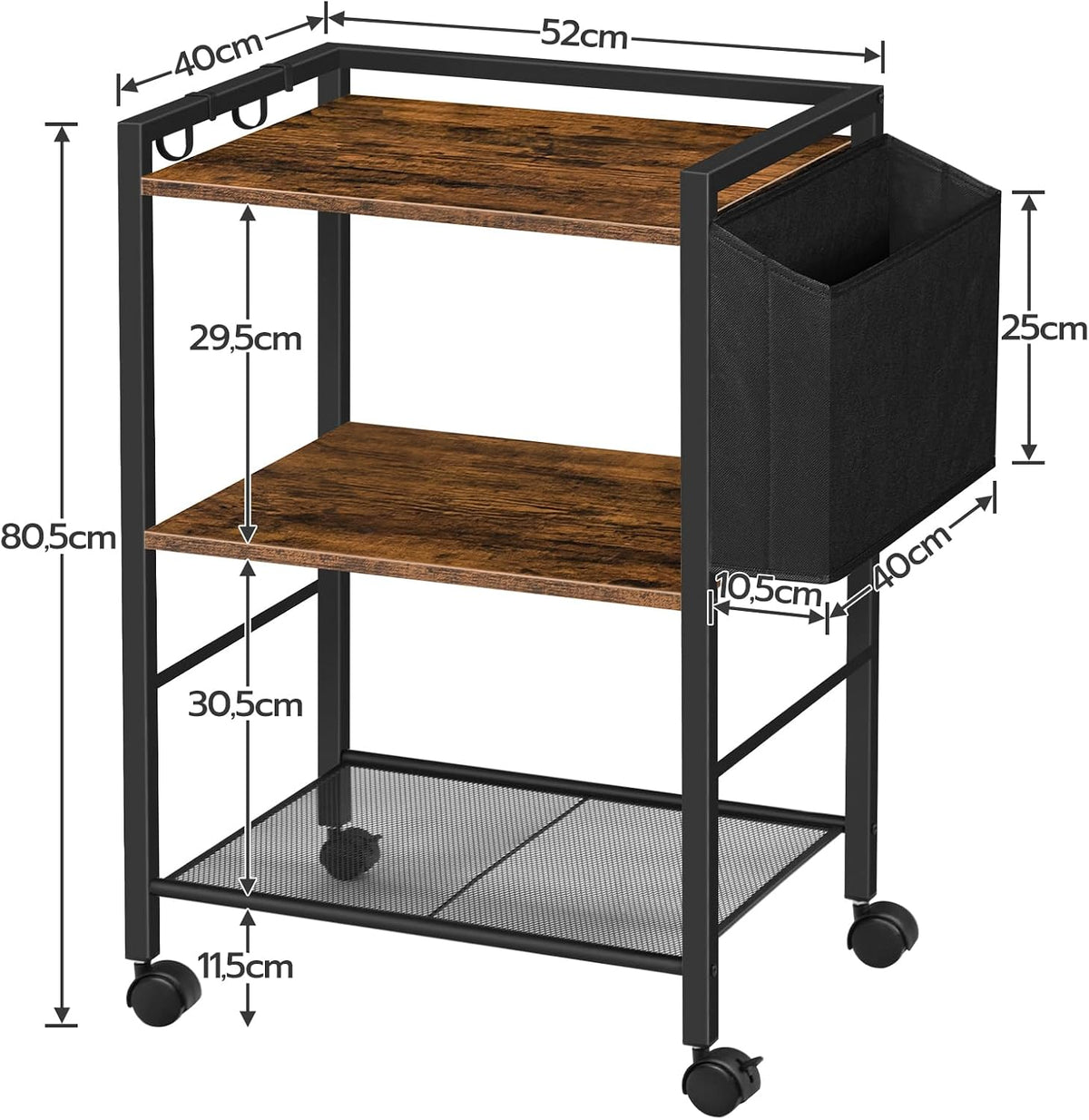 Signature Home Printertafel op Wielen – Verrijdbare Printerstandaard met 3 Niveaus – Printerkast met Verstelbare Planken en Documentenmand – Mobiele Printerwagen met Opbergruimte voor Kantoor en Thuis – 52 x 40 x 80,5 cm