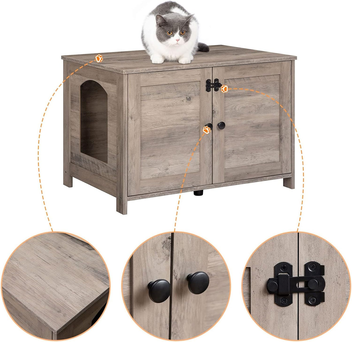 Signature Home Kattenbak Meubel met Deur en Scheidingswand – Kattenbak Kast & Kattenhuis – Stevige Kattenkast met Opbergruimte – Kattenbak Ombouw, Opbergbank & Nachtkastje – Greige