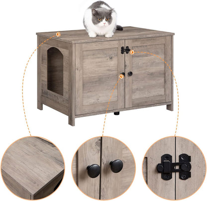 Signature Home Kattenbak Meubel met Deur en Scheidingswand – Kattenbak Kast & Kattenhuis – Stevige Kattenkast met Opbergruimte – Kattenbak Ombouw, Opbergbank & Nachtkastje – Greige