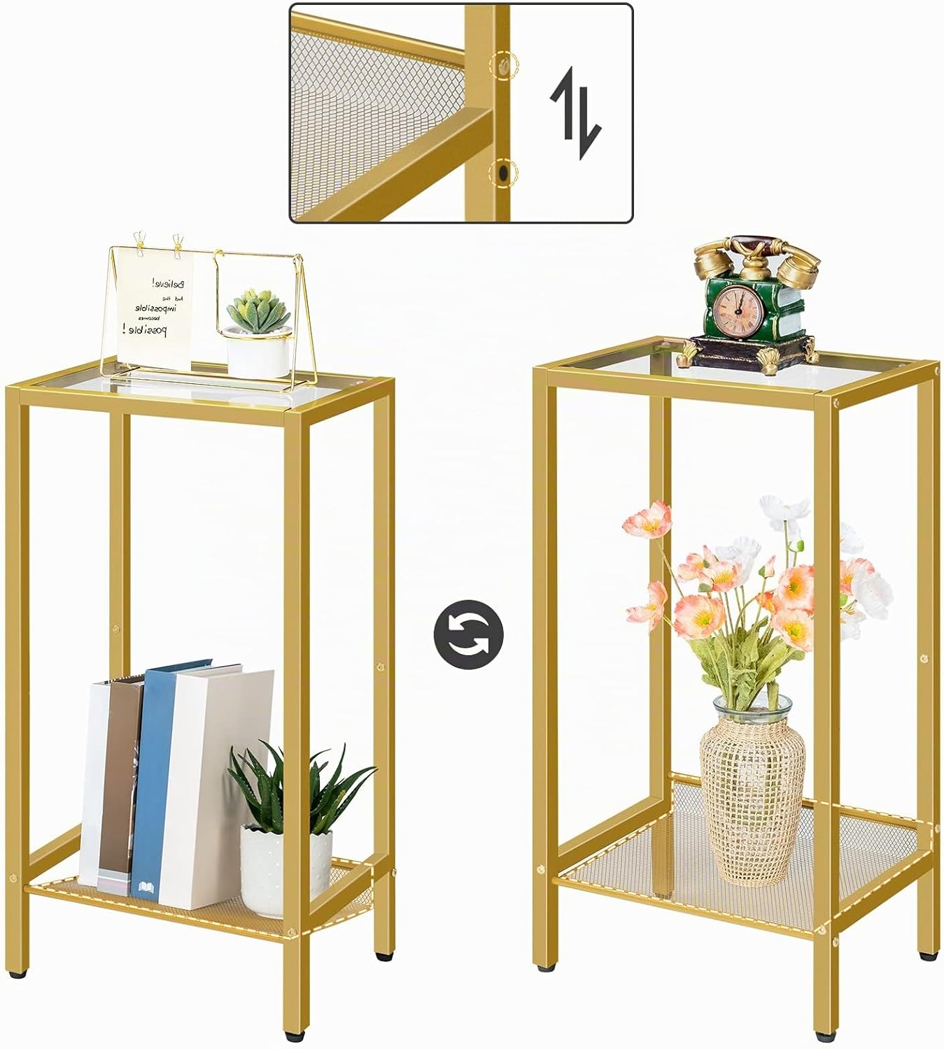 Signature Home Hoge Bijzettafel – Smalle Telefoontafel met Verstelbare Metalen Gaasplank – Nachtkastje & Banktafel – 37 × 27 × 72,5 cm – Industrieel Design voor Woonkamer, Hal en Kantoor