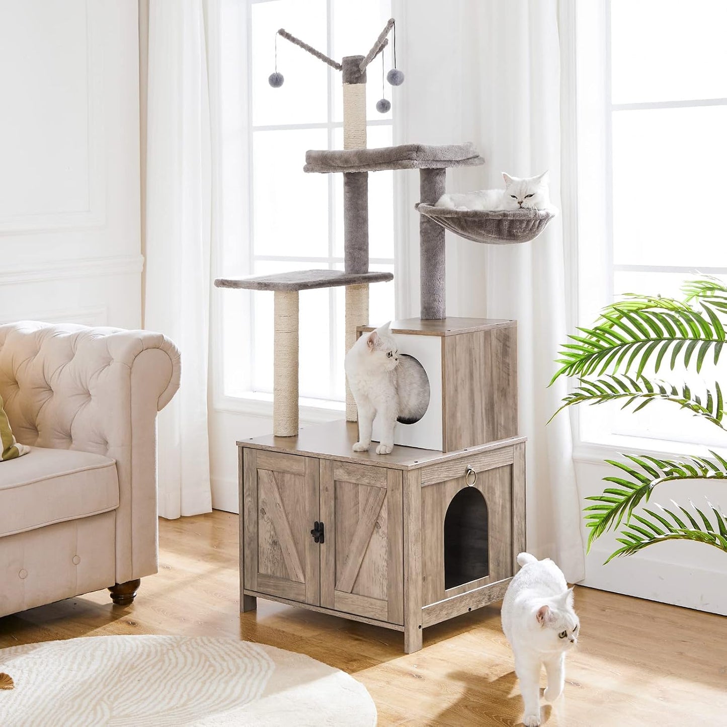 Signaature Home Kattenkrabpaal met Kattenbakmeubel 2-in-1 – 150 cm Hoge Kattenboom met Verborgen Kattenbak, Sisalpalen, Uitneembare Pluche Bal en Kast – Greige