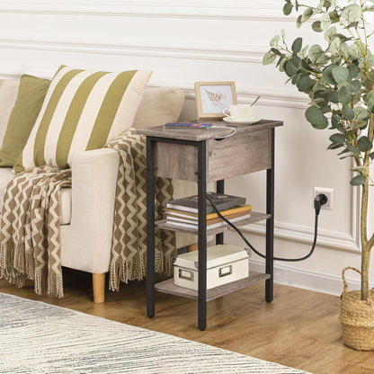 Signature Home Bijzettafel met Oplaadstation en Opbergruimte – Smalle Sofa- en Nachtkasttafel met Opklapbaar Blad – Stopcontacten & USB-poorten – Stevige Bijzettafel voor Woonkamer en Slaapkamer – Greige/Zwart
