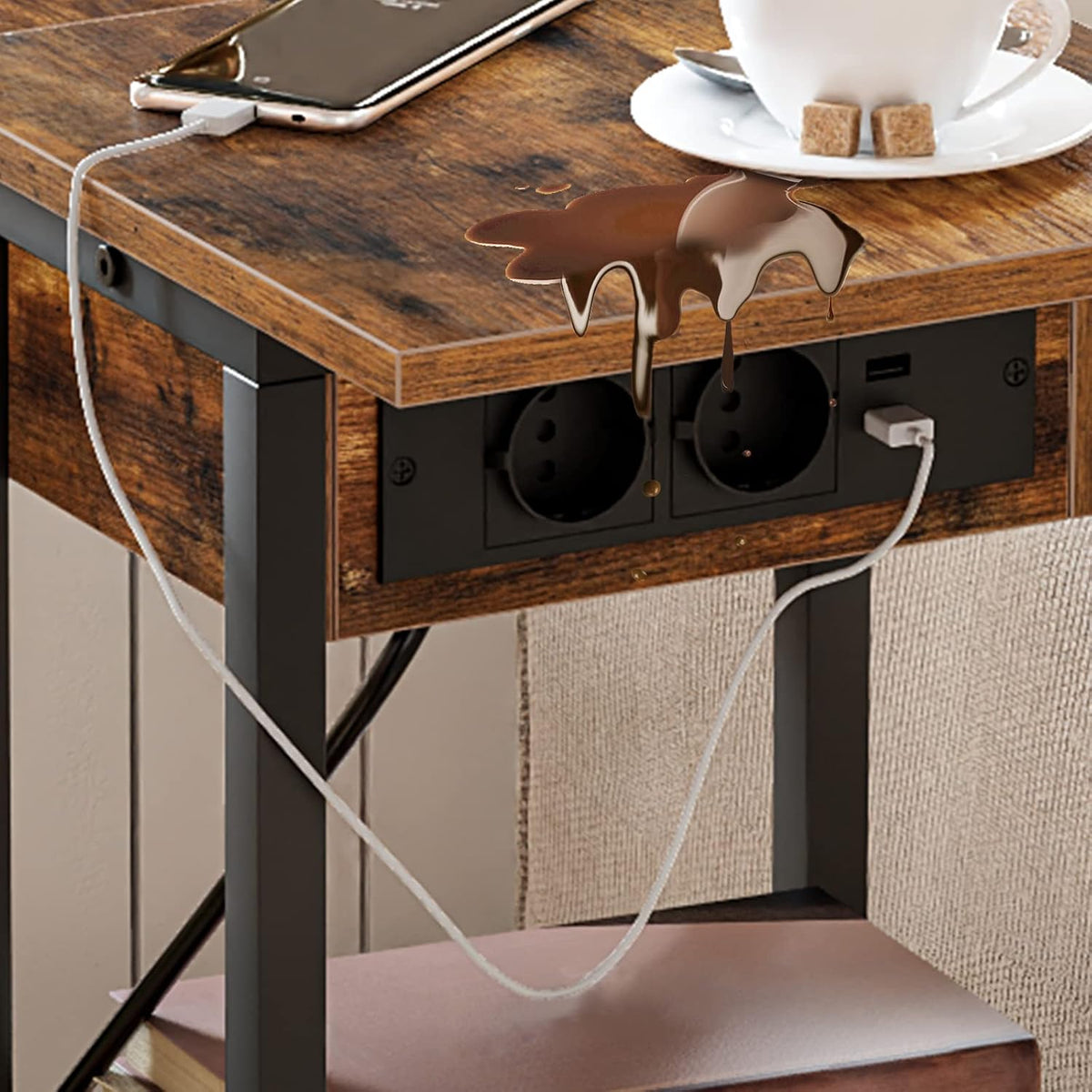 Signature Home Bijzettafel met Oplaadstation – Opklapbare C-Vormige Banktafel met Wielen en Opbergplank – Smalle Salontafel & Nachtkastje – Verrijdbare Bijzettafel voor Woonkamer en Slaapkamer – Donkerbruin