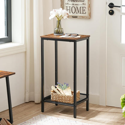 Signature Home Hoge Bijzettafel met Verstelbaar Metalen Roosterplank – Smalle Telefoontafel, Nachtkastje en Banktafel – Industriële Sidetable met Opbergruimte voor Woonkamer, Hal, Slaapkamer en Kantoor – 38 x 28 x 73,5 cm – Donkerbruin