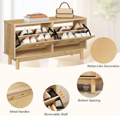 Signature Home Schoenenbank met Opbergruimte – Schoenenkast met 2 Kantelbare Lades en Verstelbare Planken – Schoenenopberger met Decoratieve Rotan Fronten en Metalen Handgrepen – Opbergbank voor Hal, Entree