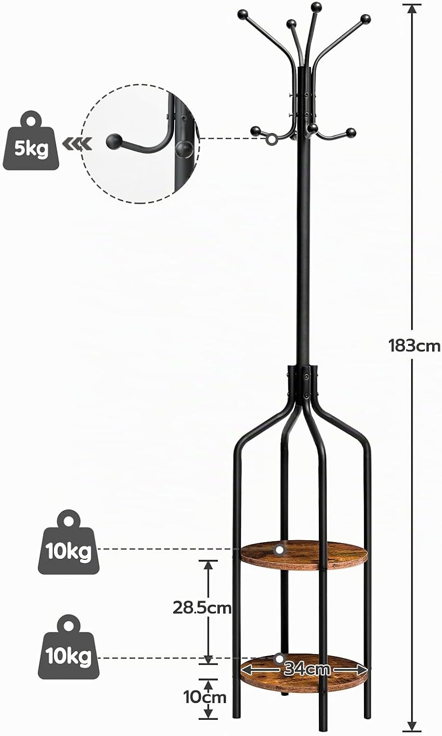 Signature Home Industriële Kapstok Staand – Kledingrek 183 cm Hoog met 8 Haken & 2 Ronde Opbergplanken – Metalen Garderoberek voor Jassen, Hoeden, Sjaals & Tassen – Stevig Stalen Frame – Zwart