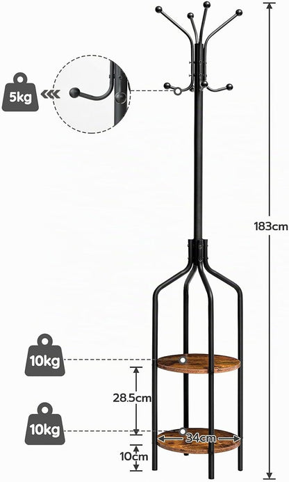 Signature Home Industriële Kapstok Staand – Kledingrek 183 cm Hoog met 8 Haken & 2 Ronde Opbergplanken – Metalen Garderoberek voor Jassen, Hoeden, Sjaals & Tassen – Stevig Stalen Frame – Zwart