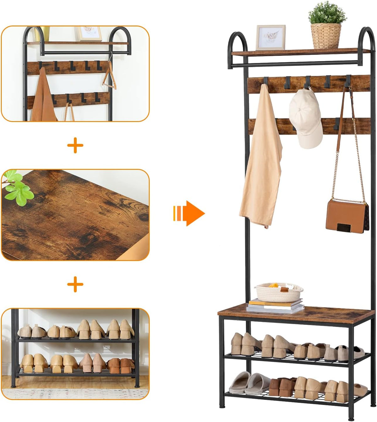 Signature Home Kapstok met Schoenenrek en Zitbank – Garderoberek met 9 Haken en Kledingstang – Staande Kapstok met Schoenenbank – Metalen Frame – 182 cm Hoog – Voor Hal, Gang en Slaapkamer – Vintage Bruin/Zwart