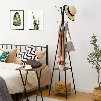 Signature Home Vrijstaande Kapstok – Kledingstandaard met 8 Kledinghaken en 2 Opbergplanken – 42 × 42 × 179 cm – Stevig Metalen Garderoberek voor Jassen, Tassen & Hoeden – Vintage Stijl