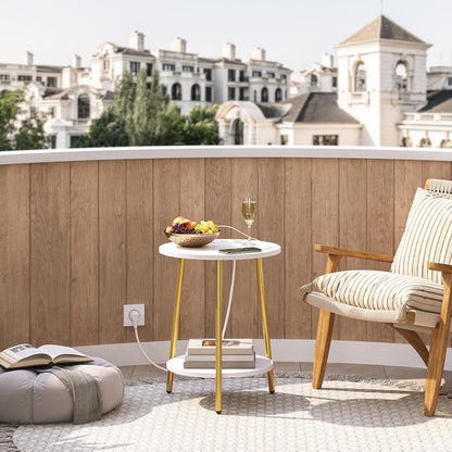 Signature Home Ronde Bijzettafel met Oplaadstation – Salontafel 2 Niveaus met Stopcontact en USB – Nachtkastje voor Kleine Ruimtes – Sofa Tafel voor Woonkamer en Slaapkamer – Wit/Goud