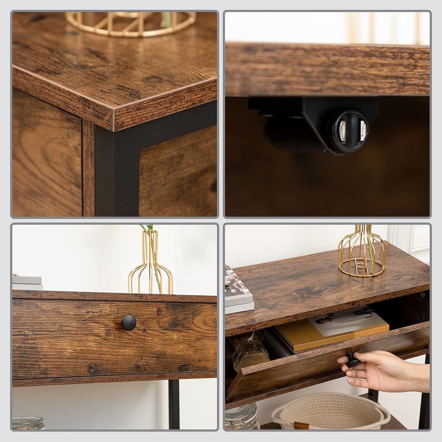 Signature Home Console Tafel met Lade en 2 Opbergplanken – Smalle Haltafel/Sidetable met Stevig Metalen Frame – 100 x 24 x 80 cm – voor Entree, Gang en Woonkamer – Vintage Bruin/Zwart