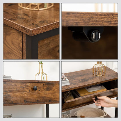 Signature Home Console Tafel met Lade en 2 Opbergplanken – Smalle Haltafel/Sidetable met Stevig Metalen Frame – 100 x 24 x 80 cm – voor Entree, Gang en Woonkamer – Vintage Bruin/Zwart