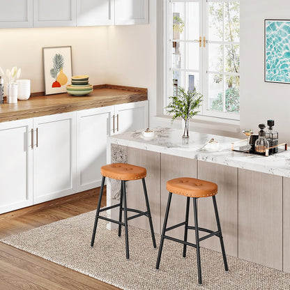 Signature Home Set van 2 Barkrukken met PU Leren Zitting – Industriële Barstoelen met Voetensteun – Keukenkrukken voor Keukeneiland, Bar, Eetkamer & Restaurant – Stevig Metalen Frame – Bruin/Zwart