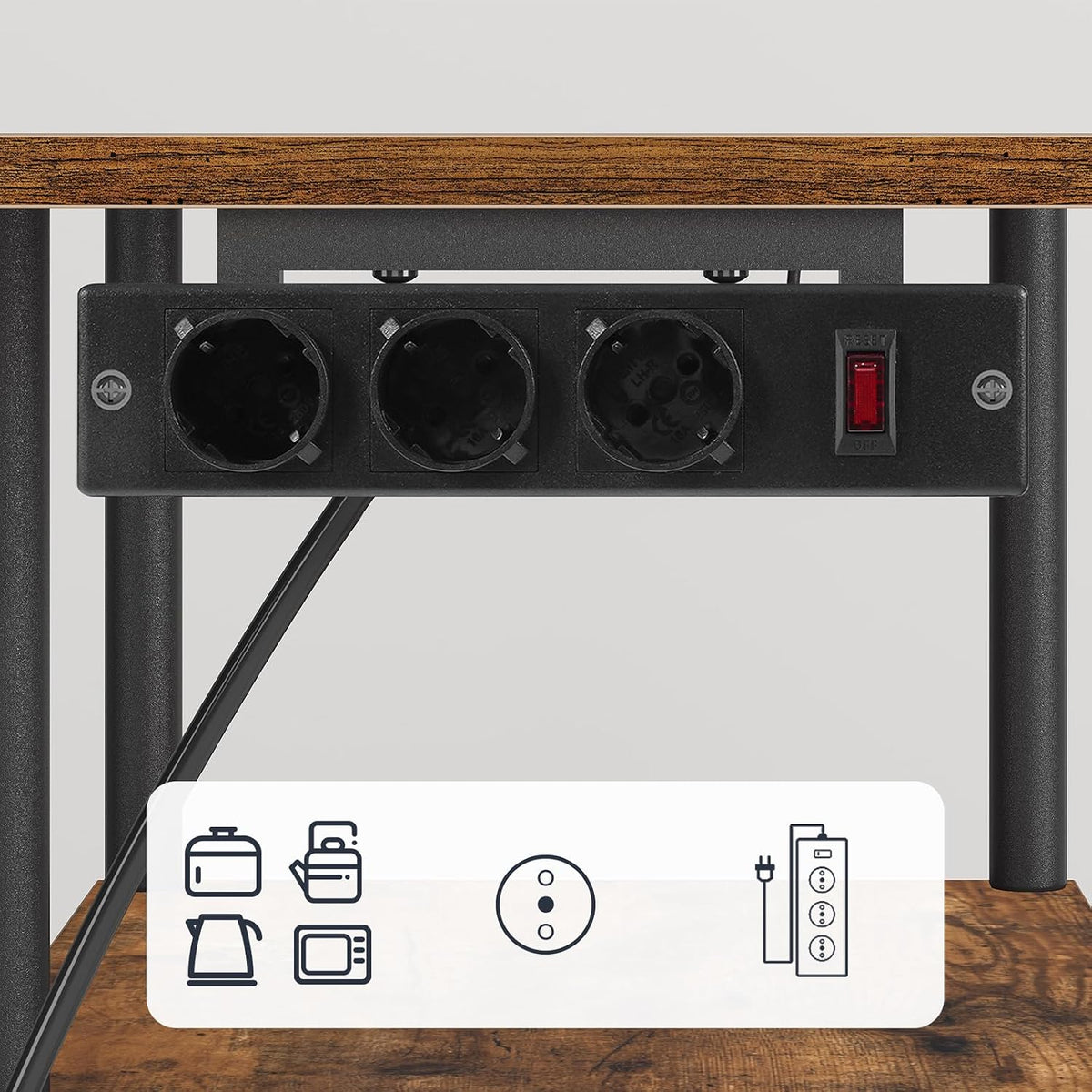 Signature Home Keukenrek met Stopcontacten – Magnetronrek met 5 S-Haken – Staand Keuken Opbergrek met Planken – Bakkersrek en Magnetronstandaard – Industrieel Keukenmeubel voor Keuken en Woonkamer – 38 x 90 x 86 cm – Vintage Bruin/Zwart