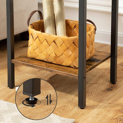 Signature Home Bijzettafel met 2 Lades en Opbergplanken – Hoge Telefoontafel en Nachtkastje – Smalle Sofatafel met Stevig Metalen Frame voor Woonkamer en Slaapkamer – Donkerbruin