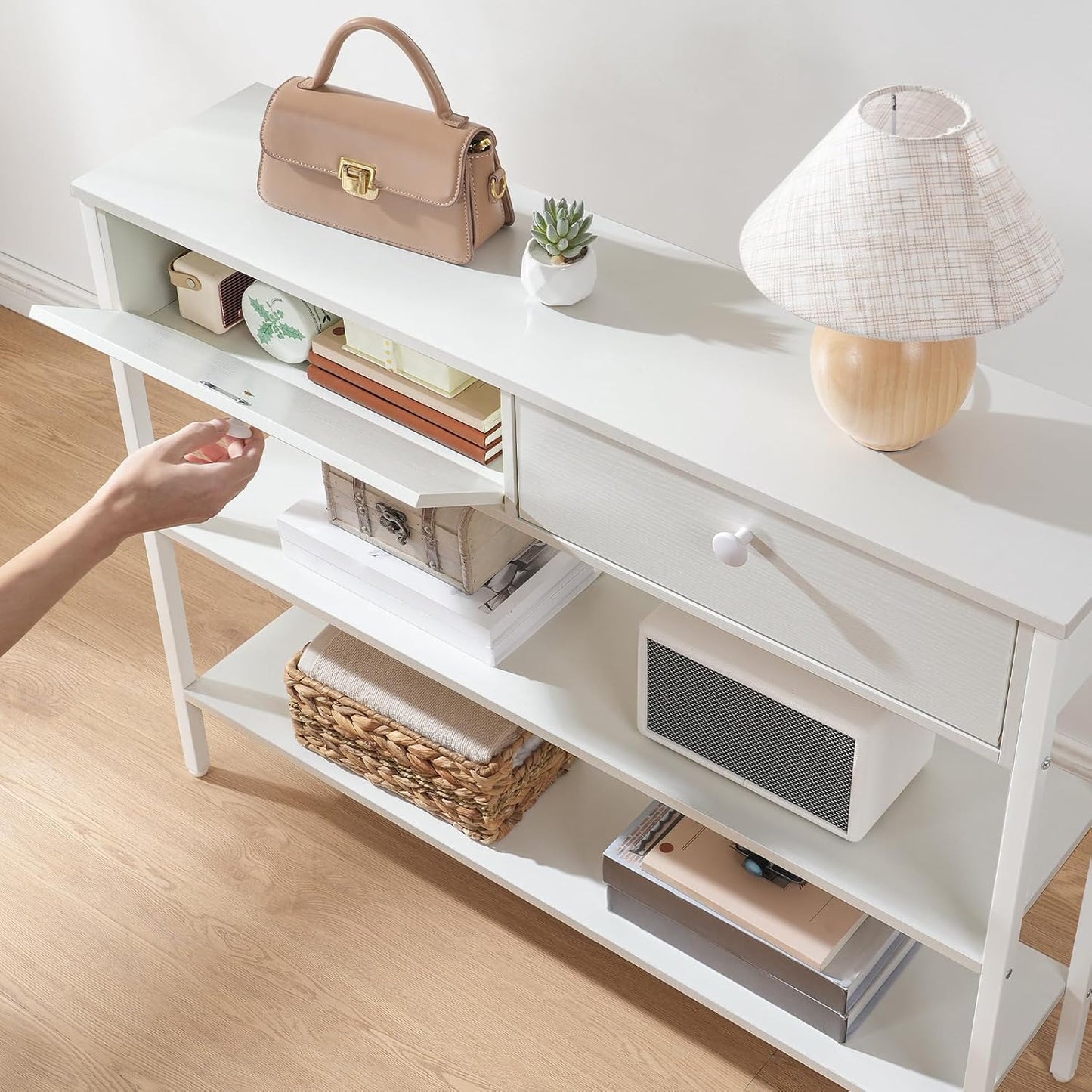 Signature Home Consoletafel met Lade en 2 Opbergplanken, Smalle Haltafel/Sidetable met Stevig Metalen Frame, 100 x 24 x 80 cm, voor Entree, Gang en Woonkamer, Wit