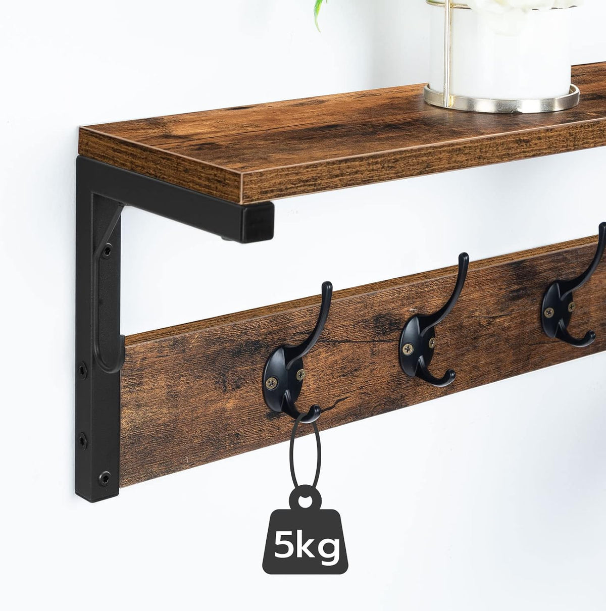 Signature Home Wandkapstok met 7 Haken en Opbergplank – Industriële Kapstok Wandmontage – Kapstok met Wandrek en Legplank – Ruimtebesparende Garderobe voor Hal, Entree, Woonkamer en Keuken – Donkerbruin/Zwart