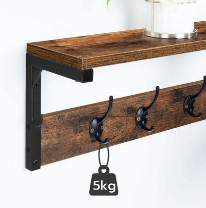 Signature Home Wandkapstok met 7 Haken en Opbergplank – Industriële Kapstok Wandmontage – Kapstok met Wandrek en Legplank – Ruimtebesparende Garderobe voor Hal, Entree, Woonkamer en Keuken – Donkerbruin/Zwart