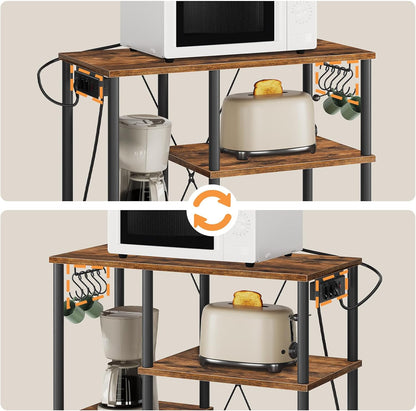 Signature Home Keukenrek met Stopcontacten – Staand Magnetronrek 38 x 80 x 86 cm – Bakkersrek met 5 S-Haken – Opbergrek voor Keuken met Werkblad – Vintage Bruin/Zwart
