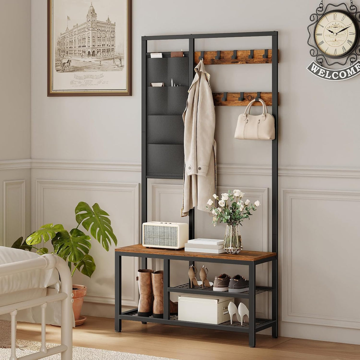 Signature Home Kapstok met Schoenenrek en Zitbank – Garderoberek met 9 Haken en 6 Opbergvakken – Schoenenbank met Opbergruimte – Staande Kapstok met Bankje – Industrieel Halmeubel voor Hal, Gang, Woonkamer en Slaapkamer – Vintage Bruin/Zwart