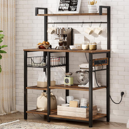 Signature Home Keukenrek met Stopcontacten – Staand Magnetronrek 40 × 90 × 132 cm – Opbergrek met Planken en 4 S-Haken – Keukenstelling voor Magnetron & Keukenapparatuur – Industrieel Vintage Bruin/Zwart