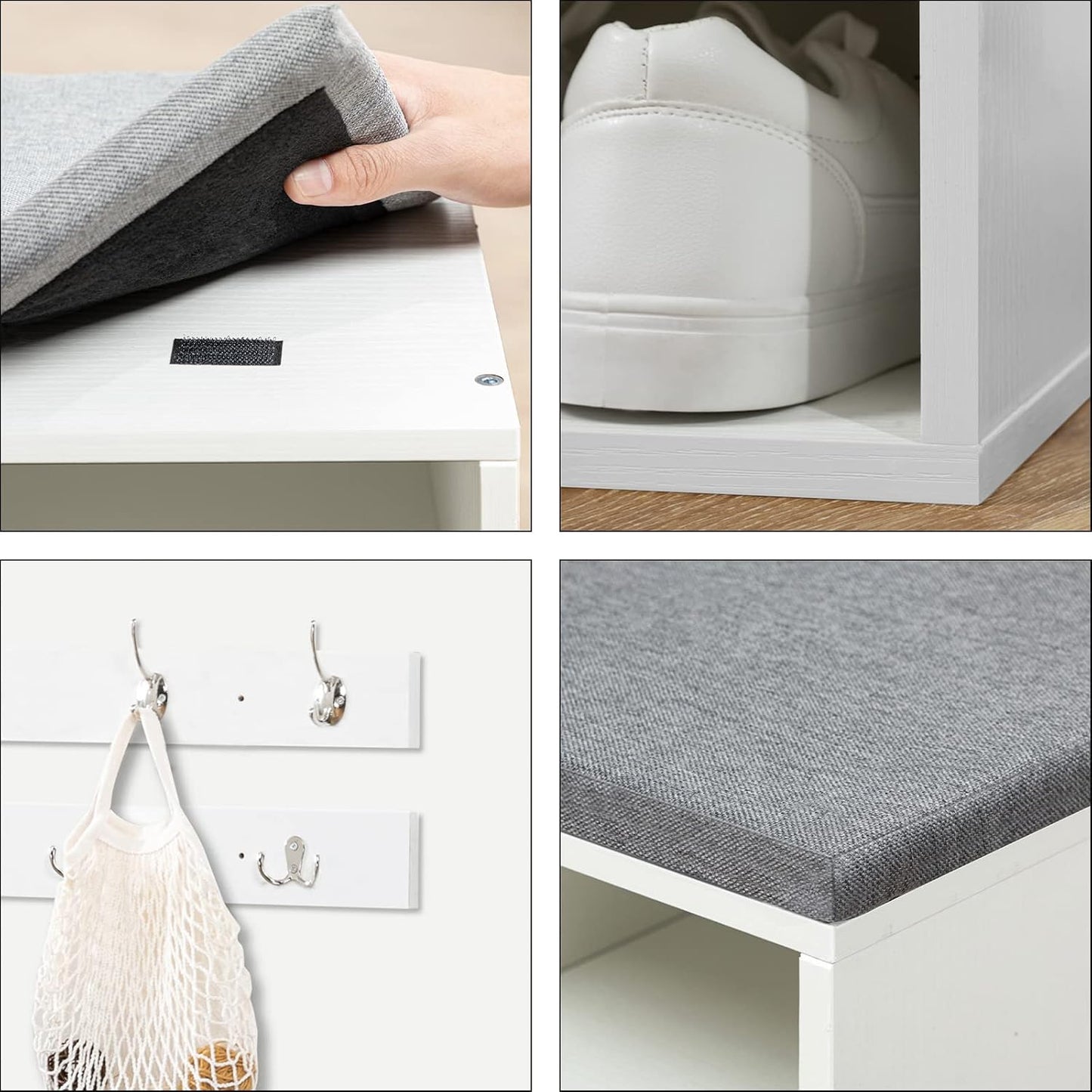 Signature Home Garderobeset met Schoenenrek en Zitbank – Schoenenbank met 9 Vakken, Zacht Gewatteerd Zitkussen, Wandkapstok met 9 Haken, Schoenenkast voor Hal, Entree en Slaapkamer, Wit