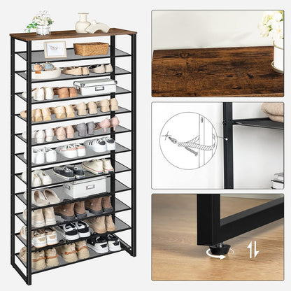 Signature Home Groot Schoenenrek 12-Laags voor 35-45 Paar Schoenen – Hoge Schoenenkast met Metalen Frame, Industriële Stijl, Vintage Bruin/Zwart voor Hal, Woonkamer en Slaapkamer