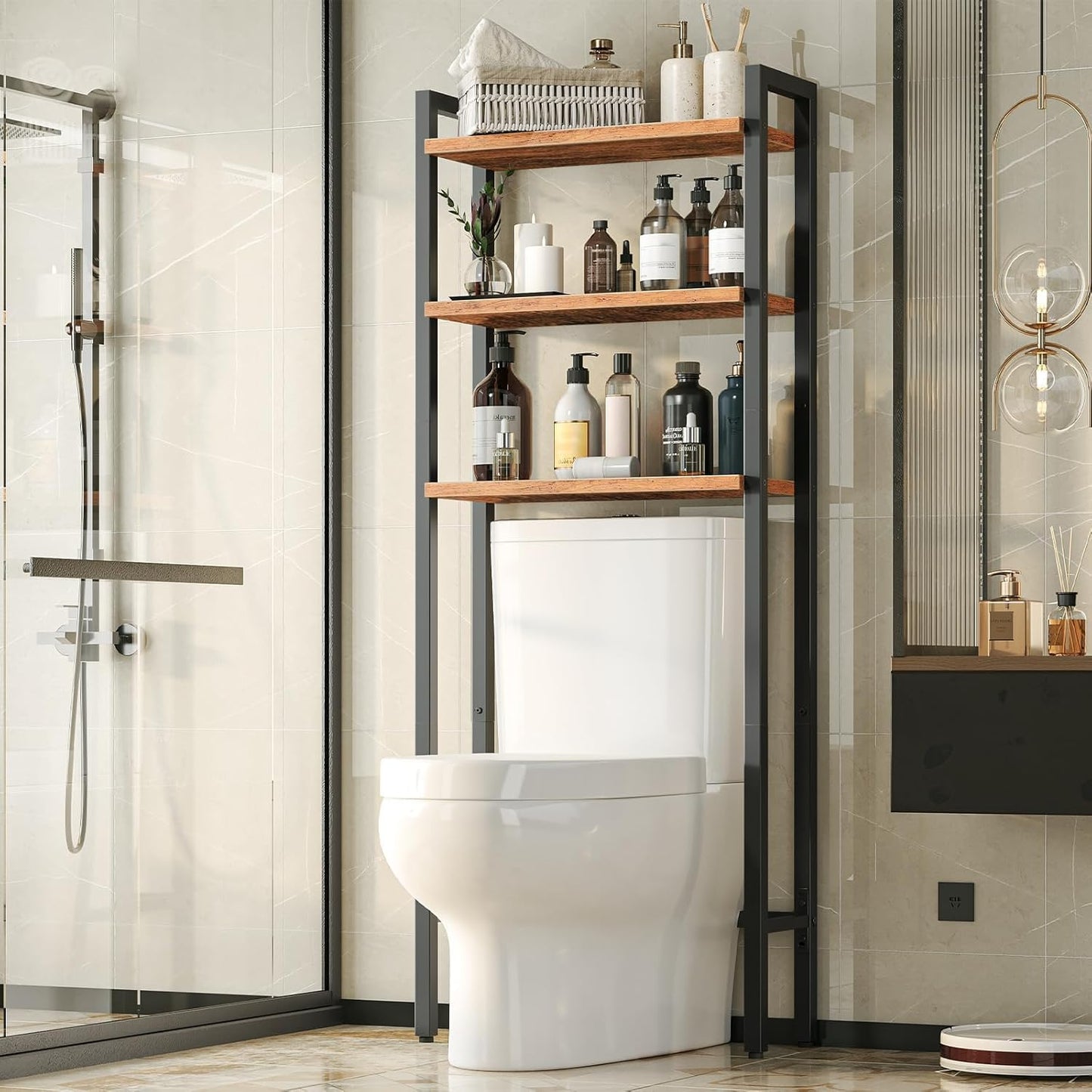 Signature Home Toiletkast / Badkamerrek met 3 planken, Wasmachinerek, Multifunctioneel industrieel rek, Retrostijl, Ruimtebesparend, Eenvoudig te monteren, Donkerbruin