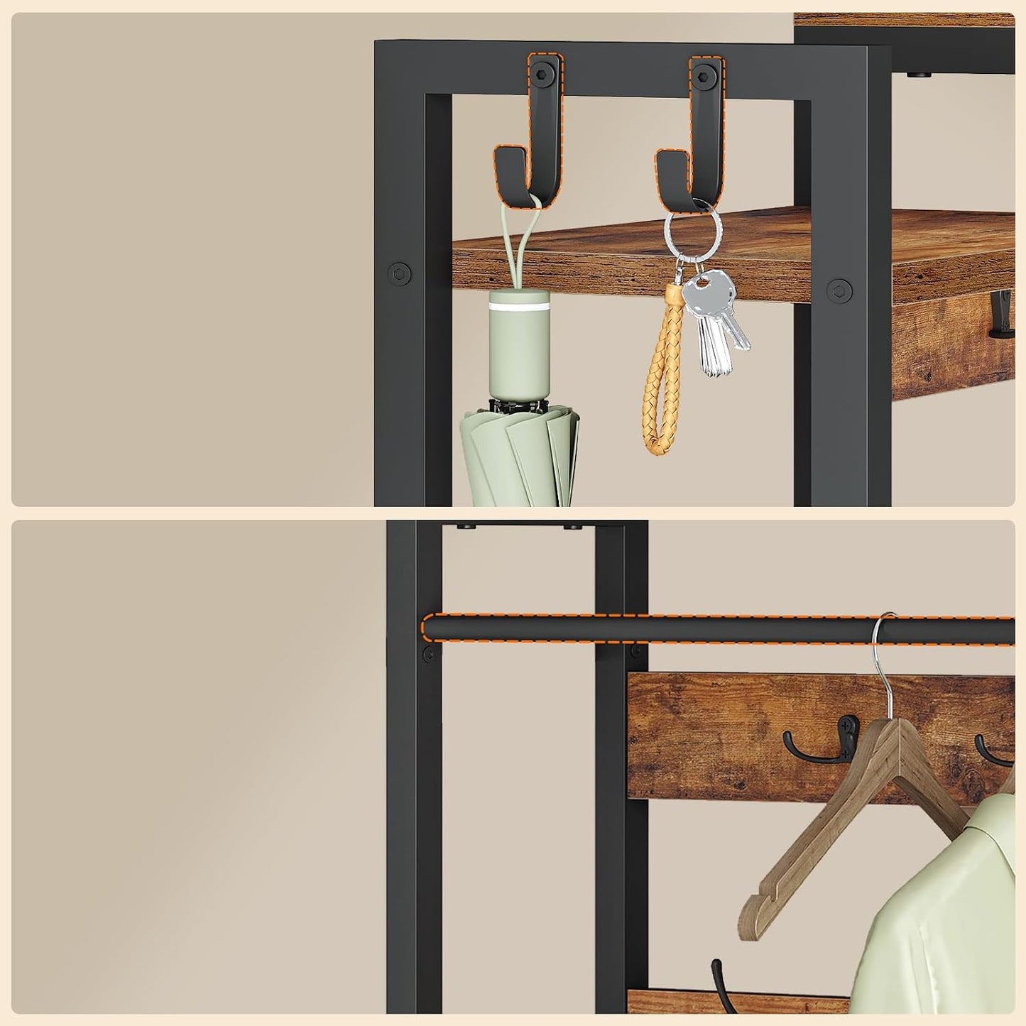 Signature Home Kapstok met schoenenrek en zitbank, 9 dubbele haken, 2 zijhaken, 5 planken en zijvak, voor hal, slaapkamer, woonkamer, zwart en vintage bruin
