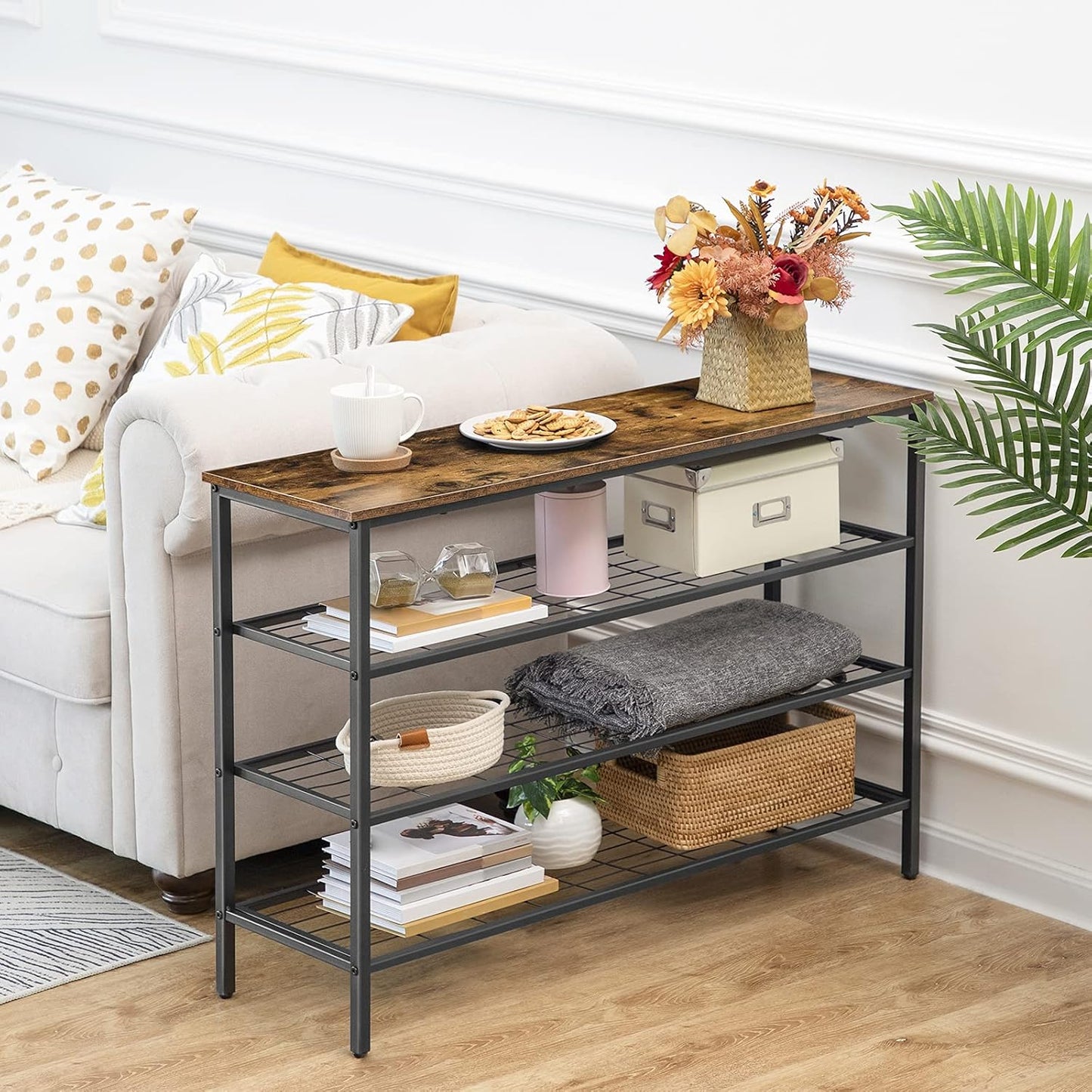 Signature Home Schoenenrek 4 Laags – Schoenen Organizer met 3 Metalen Gaasplanken – Industriële Schoenenkast voor Hal, Entree en Slaapkamer – Stevig Opbergrek – Vintage Bruin
