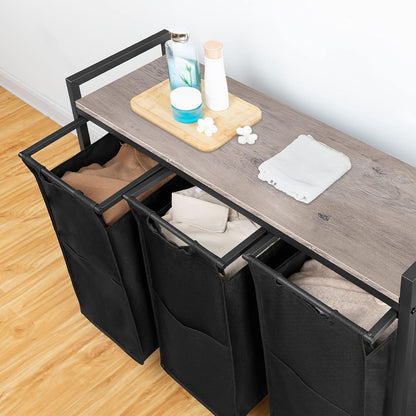 Signature Home Wasmand met 3 Vakken en Opbergplank – Verrijdbare Wasmand met Wielen – 3 x 39,8 L Wasgoedmand – Uitneembare Oxford Stoffen Waszakken – Wassorteerder voor Badkamer en Wasruimte – Greige/Zwart