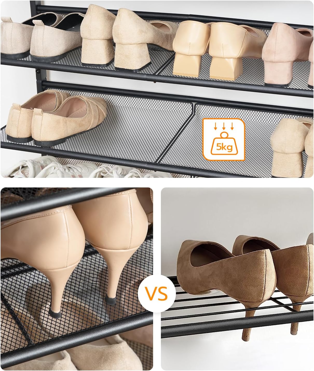 Signature Home Schoenenrek 5-Laags – Schoenenkast met Verstelbare Metalen Gaasplanken en Ruim Bovenblad – Voor 16–20 Paar Schoenen – Voor Entree en Gang – Industrieel Design – Vintage Bruin/Zwart