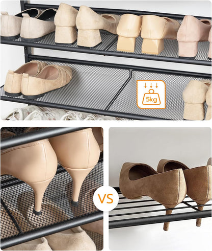 Signature Home Schoenenrek 5-Laags – Schoenenkast met Verstelbare Metalen Gaasplanken en Ruim Bovenblad – Voor 16–20 Paar Schoenen – Voor Entree en Gang – Industrieel Design – Vintage Bruin/Zwart