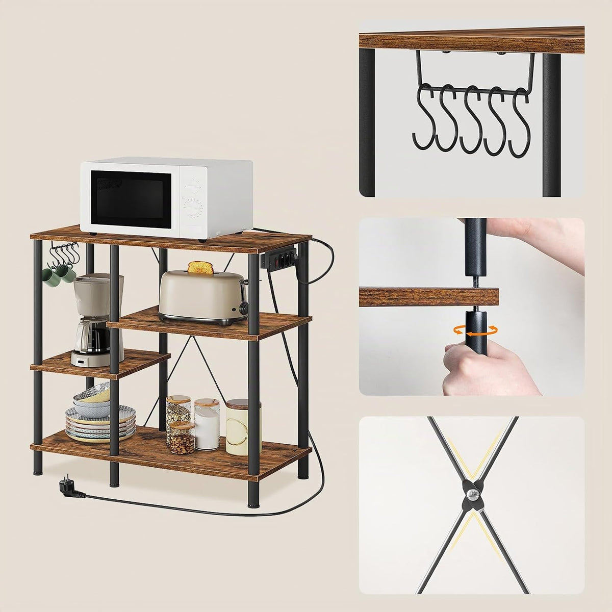 Signature Home Keukenrek met Stopcontacten – Magnetronrek met 5 S-Haken – Staand Keuken Opbergrek met Planken – Bakkersrek en Magnetronstandaard – Industrieel Keukenmeubel voor Keuken en Woonkamer – 38 x 90 x 86 cm – Vintage Bruin/Zwart