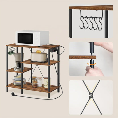Signature Home Keukenrek met Stopcontacten – Magnetronrek met 5 S-Haken – Staand Keuken Opbergrek met Planken – Bakkersrek en Magnetronstandaard – Industrieel Keukenmeubel voor Keuken en Woonkamer – 38 x 90 x 86 cm – Vintage Bruin/Zwart