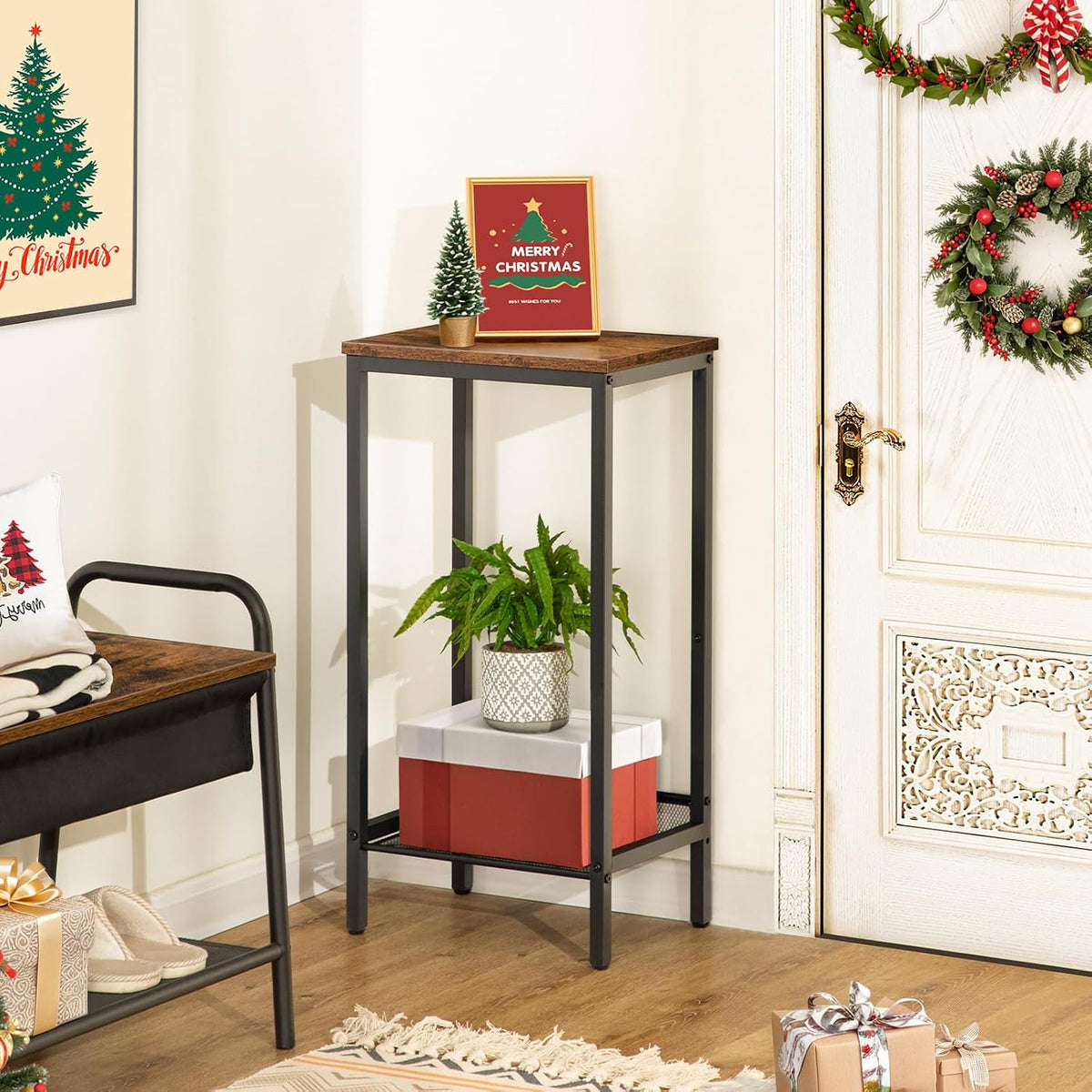 Signature Home Hoge Bijzettafel met Verstelbaar Metalen Roosterplank – Smalle Telefoontafel, Nachtkastje en Banktafel – Industriële Sidetable met Opbergruimte voor Woonkamer, Hal, Slaapkamer en Kantoor – 38 x 28 x 73,5 cm – Donkerbruin