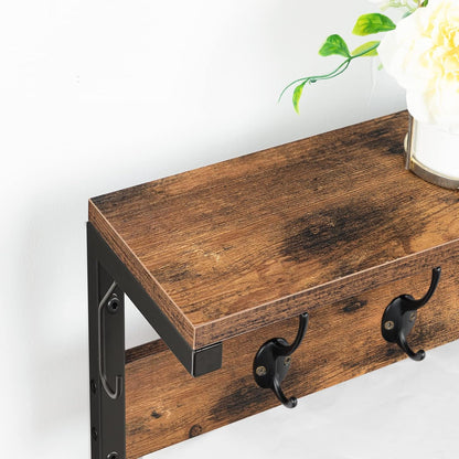 Signature Home Wandkapstok met 7 Haken en Opbergplank – Industriële Kapstok Wandmontage – Kapstok met Wandrek en Legplank – Ruimtebesparende Garderobe voor Hal, Entree, Woonkamer en Keuken – Donkerbruin/Zwart