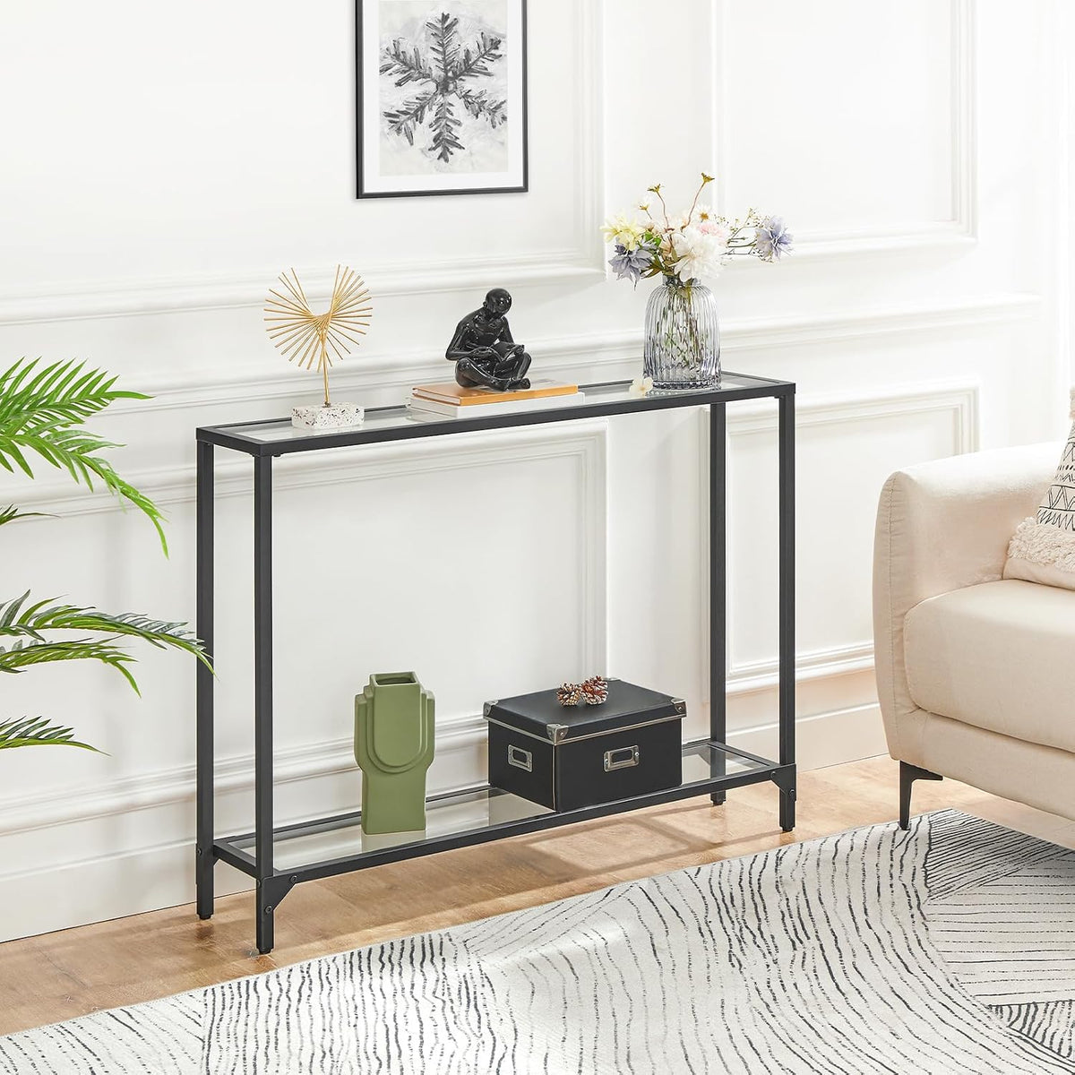 Signature Home Consoletafel met Planken – 100 cm Sidetable met Gehard Glazen Tafelblad – Smalle Haltafel & Bijzettafel – Moderne Opbergtafel voor Hal, Woonkamer en Entree