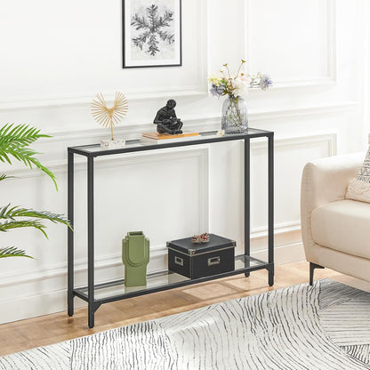 Signature Home Consoletafel met Planken – 100 cm Sidetable met Gehard Glazen Tafelblad – Smalle Haltafel & Bijzettafel – Moderne Opbergtafel voor Hal, Woonkamer en Entree