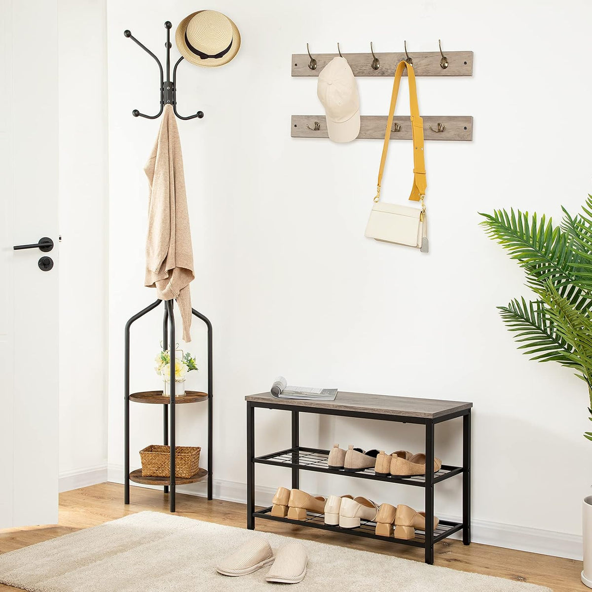 Signature Home Industriële Kapstok Staand – Kledingrek 183 cm Hoog met 8 Haken & 2 Ronde Opbergplanken – Metalen Garderoberek voor Jassen, Hoeden, Sjaals & Tassen – Stevig Stalen Frame – Zwart