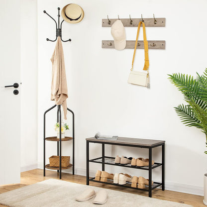 Signature Home Industriële Kapstok Staand – Kledingrek 183 cm Hoog met 8 Haken & 2 Ronde Opbergplanken – Metalen Garderoberek voor Jassen, Hoeden, Sjaals & Tassen – Stevig Stalen Frame – Zwart