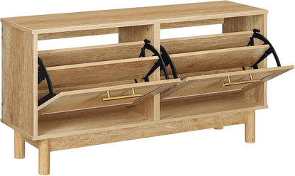 Signature Home Schoenenbank met Opbergruimte – Schoenenkast met 2 Kantelbare Lades en Verstelbare Planken – Schoenenopberger met Decoratieve Rotan Fronten en Metalen Handgrepen – Opbergbank voor Hal, Entree