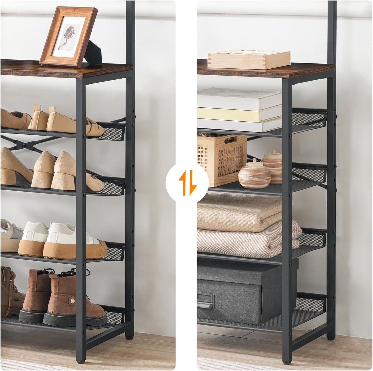 Signature Home Kapstok met Schoenenrek – 5-Laags Schoenenrek met Verstelbare Metalen Roosterplanken – Industriële Garderobe met Schoenenopslag – Stevig en Ruimtebesparend Opbergrek voor Hal, Entree en Slaapkamer – Vintage Bruin