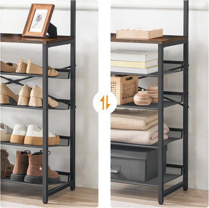 Signature Home Kapstok met Schoenenrek – 5-Laags Schoenenrek met Verstelbare Metalen Roosterplanken – Industriële Garderobe met Schoenenopslag – Stevig en Ruimtebesparend Opbergrek voor Hal, Entree en Slaapkamer – Vintage Bruin