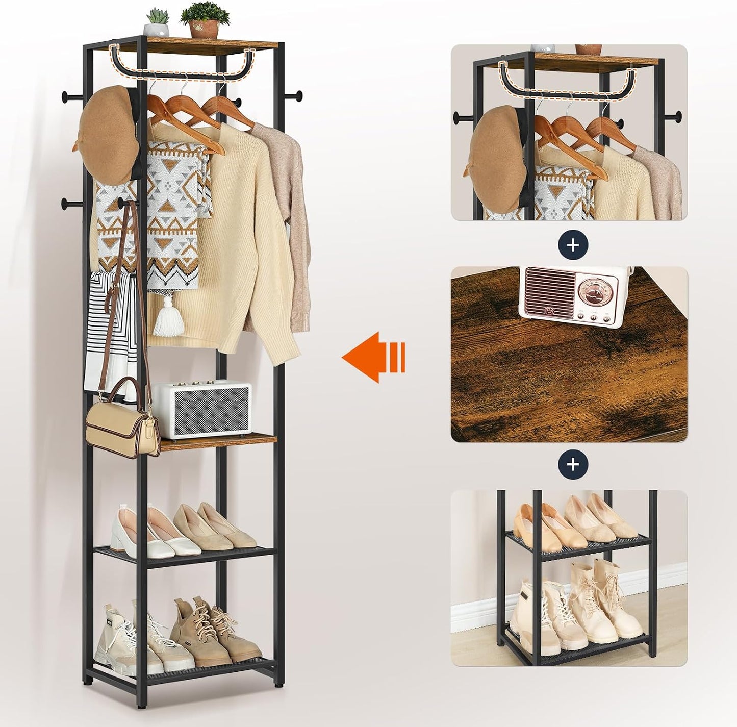 Signature Home Kapstok met Schoenenrek – Multifunctioneel Kledingrek met Schoenenopberger en Opbergrekken – Vintage Bruin/Zwart