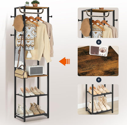 Signature Home Kapstok met Schoenenrek – Multifunctioneel Kledingrek met Schoenenopberger en Opbergrekken – Vintage Bruin/Zwart