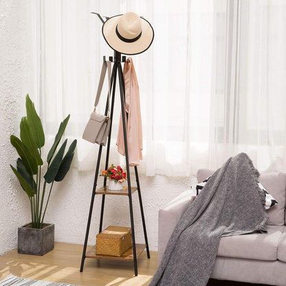Signature Home Vrijstaande Kapstok – Kledingstandaard met 8 Kledinghaken en 2 Opbergplanken – 42 × 42 × 179 cm – Stevig Metalen Garderoberek voor Jassen, Tassen & Hoeden – Vintage Stijl